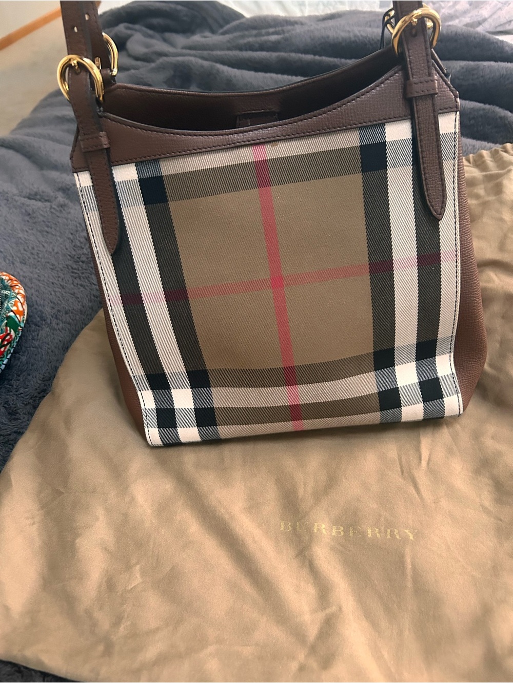 Burberry Beige Brown Check Canvas Shoulder Bag with Red Accents